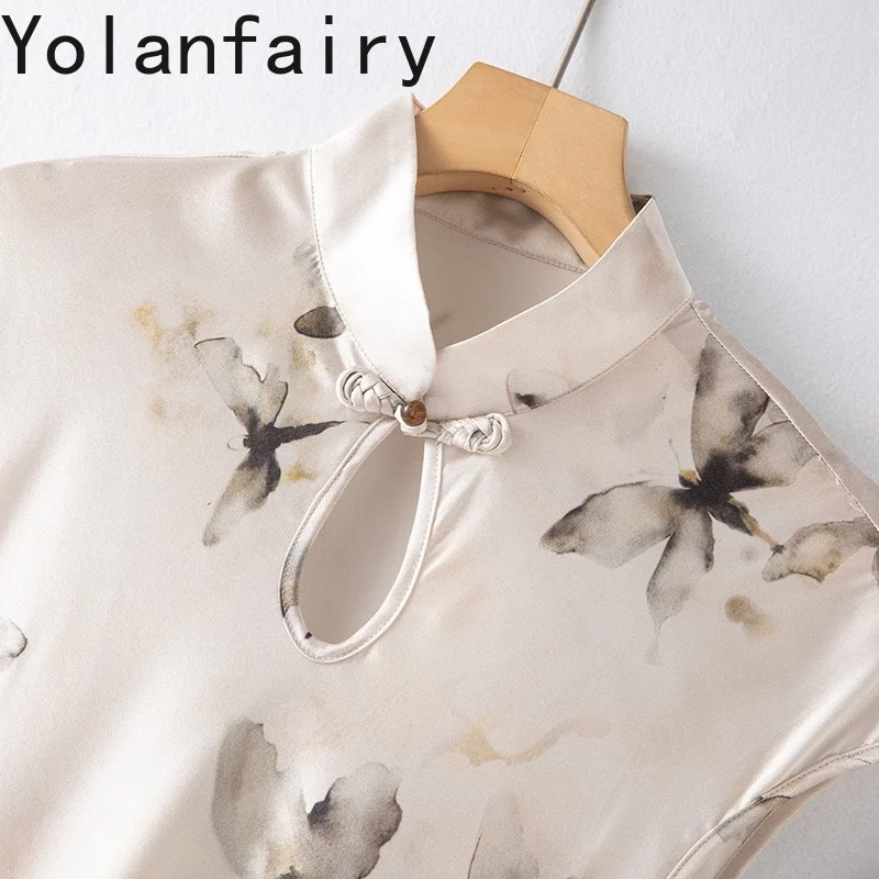 YOLANFAIRY 93% فستان حريري التوت الحقيقي صيف 2025 فساتين طويلة أنيقة عتيقة شيونغسام ساتان فساتين عيد ميلاد vestido mujer #6