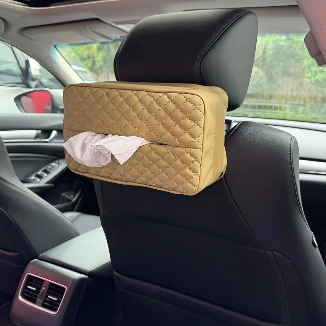 

Faux Leather Car Tissue Holder for 120 Standard Boxes, Large Capacity Facial Tissue Dispenser for Headrest, Beige