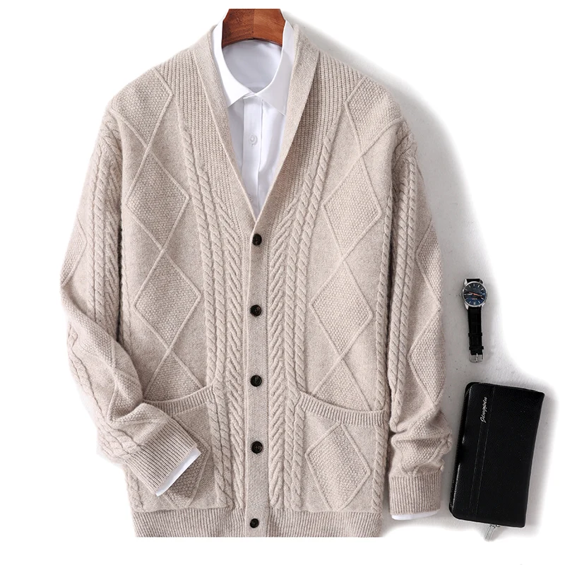 Autumn Winter Wool Cardigan Men's V-Neck Thick Knit Coat Fashion Loose Jacquard Sweater Middle-Aged Large Size Jacket N3003020