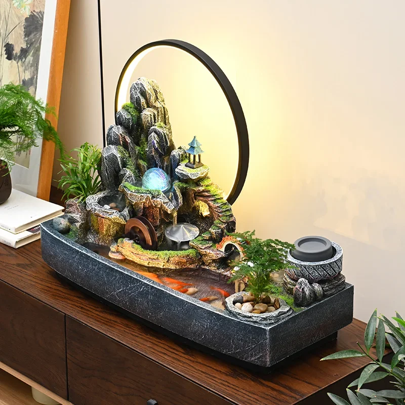 54-*flowing water makes money ornament, living room, entrance, office, feng shui wheel, fish pond circulation water scene