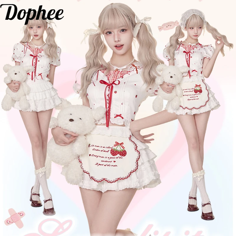 Dophee-Conjunto feminino de duas peças, especiarias de morango, camisa folhada de manga curta, top branco, saia plissada de cintura alta, roupas de verão