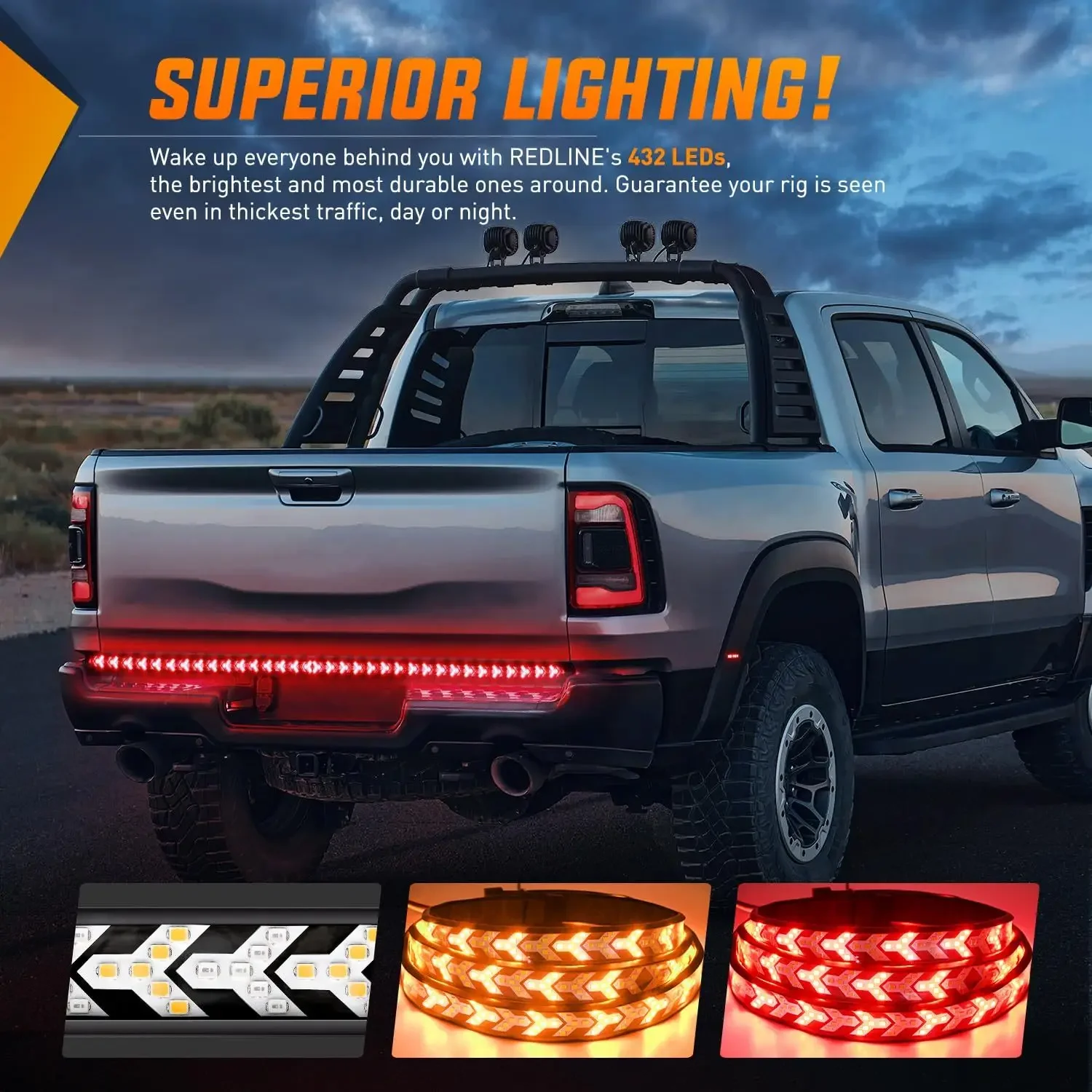 59 Inch Arrow Truck Tailgate Light Strip for Truck, 432 LED Tailgate Strip Light with 4-Way Flat Connector for Pickup Truck SUV