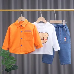 2023 New Spring Autumn Children's Set Boys and Girls Cartoon Bear Zipper Coat+T-shirt+jeans Three Piece Infant Sports Set 0-5Y