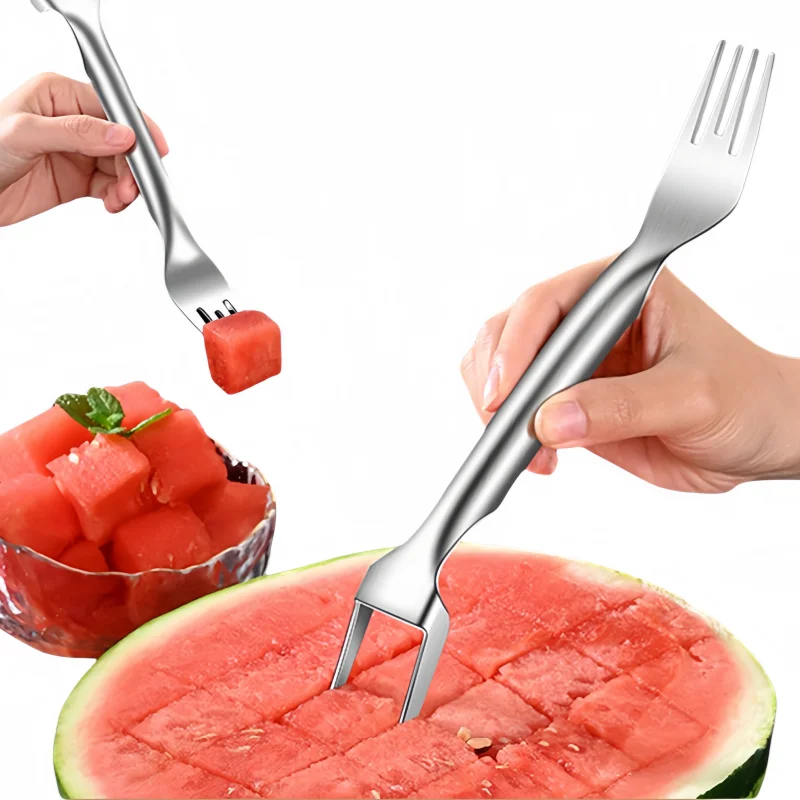 

2 IN 1 Cut Watermelon Gadgets Thick Stainless Steel Multifunction Cut Fruit Knife Fork Portable Camping Home Kitchen Fruit Tools