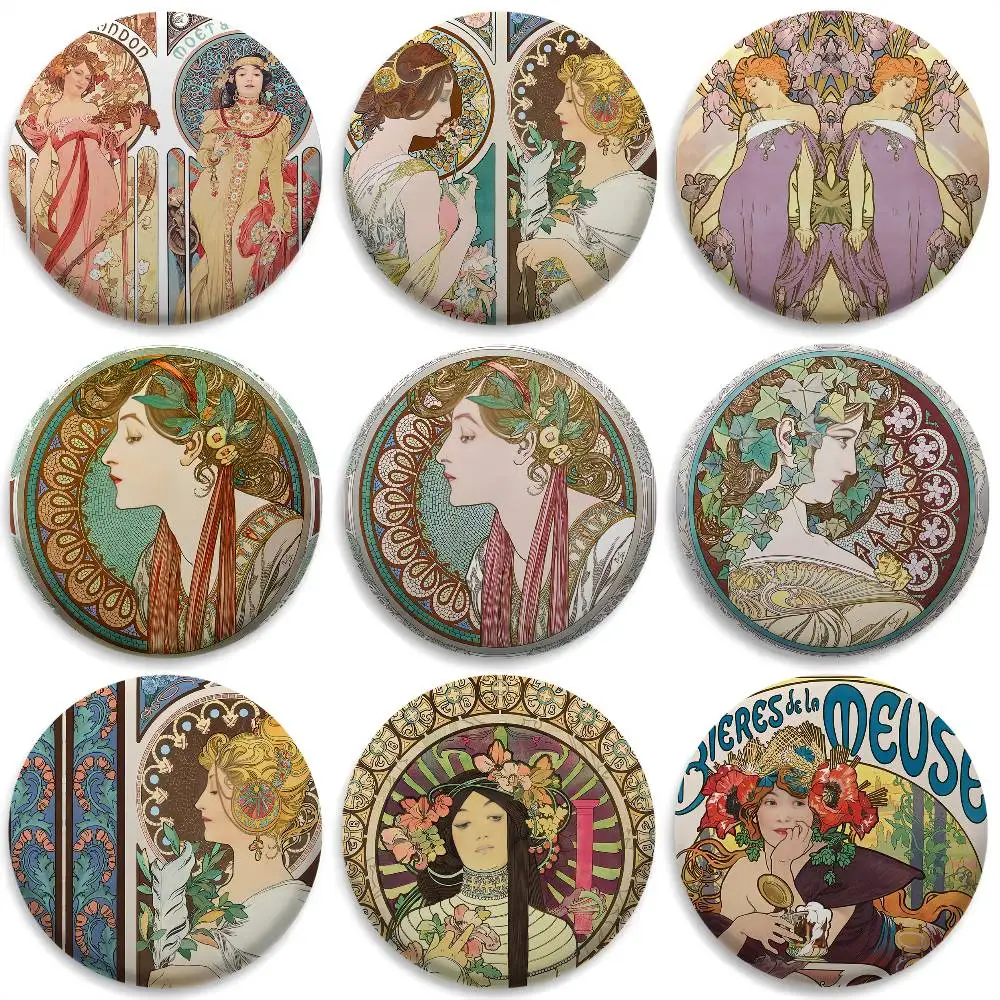 

A-ALFONS MUCHAS Retro Badges Round Exquisite Badge Brooches Creative Pins For Clothes Hat Backpack Gift Accessories