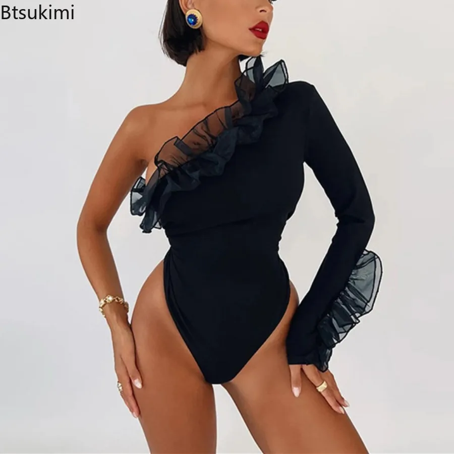 

2025 Summer Mesh Ruffles Solid One Shoulder Long Sleeve Patchwork Sexy Bodycon Bodysuit Women Party Romper Halloween Costumes