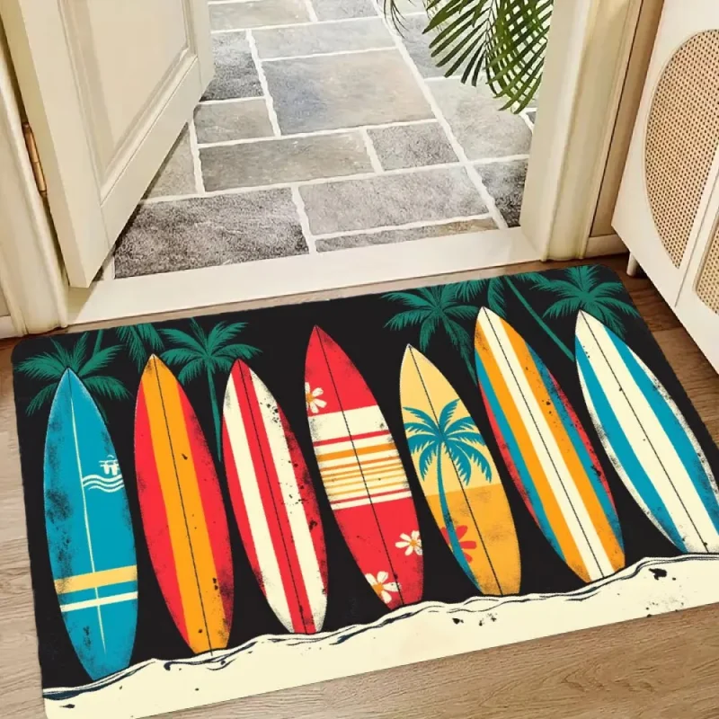 Summer Tropical Surfboard Doormat Colorful Beach Palm Tree Welcome Mat Hawaii Vacation Home Entryway Decor Floor Rug Carpet
