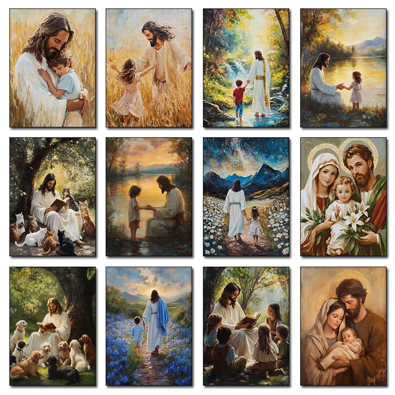 Christian Jesus Mother Mary Holy Family Children Reading Bible Poster Print Wall Art Pictures Canvas Painting Room Home Decor