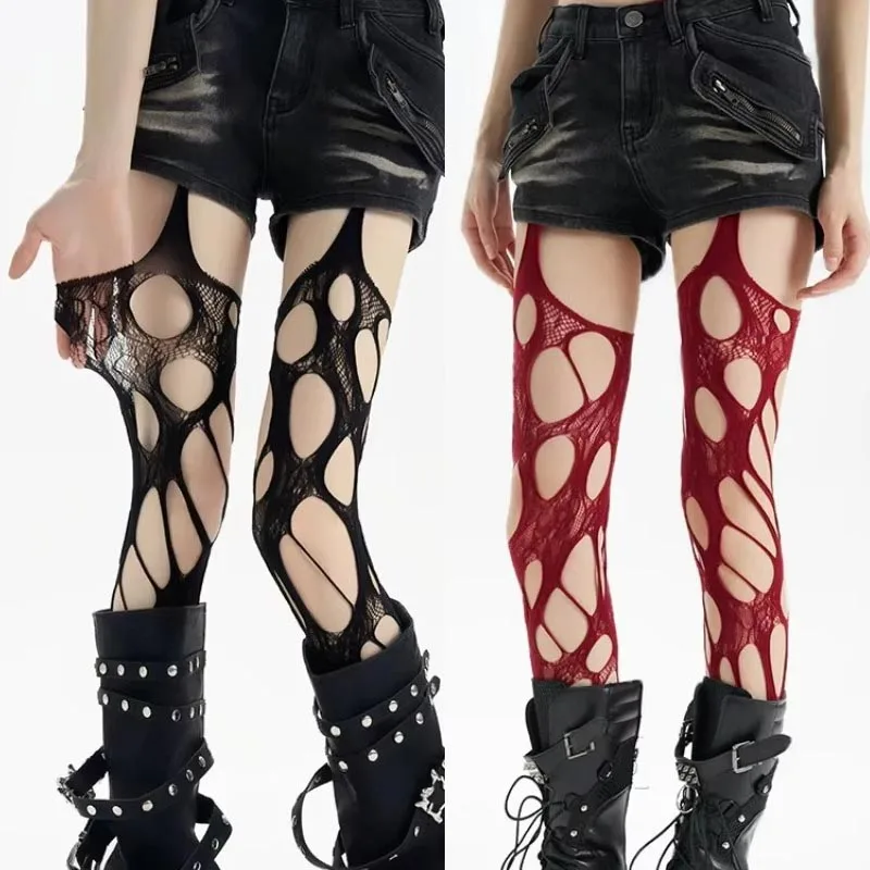 Women Y2K Punk Garter Straps Ripped Pantyhose High Elastic Sexy Irregular Holes Lace Fishnet Tights for Club Party Streetwear