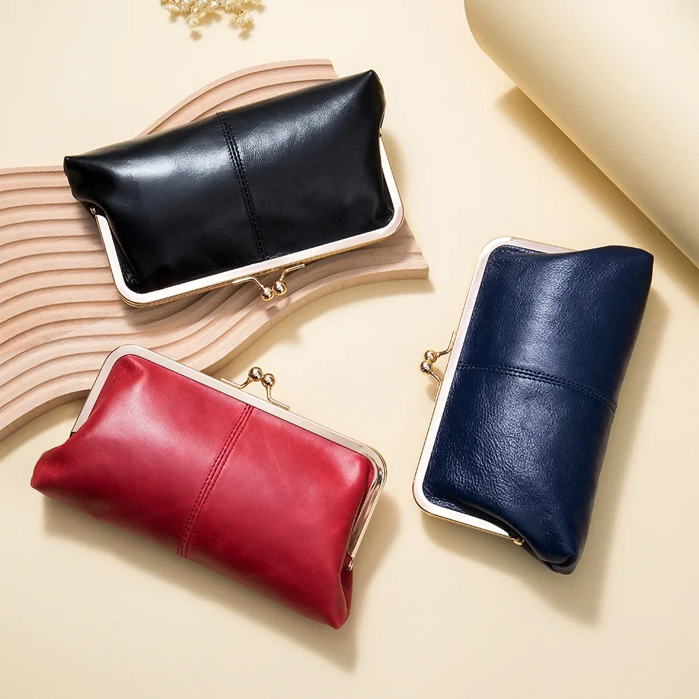 Genuine Leather Long Vintage Clip Bag Women's Hand Wallet Oil Wax Leather Gold Storage Bag Large Capacity Clutches