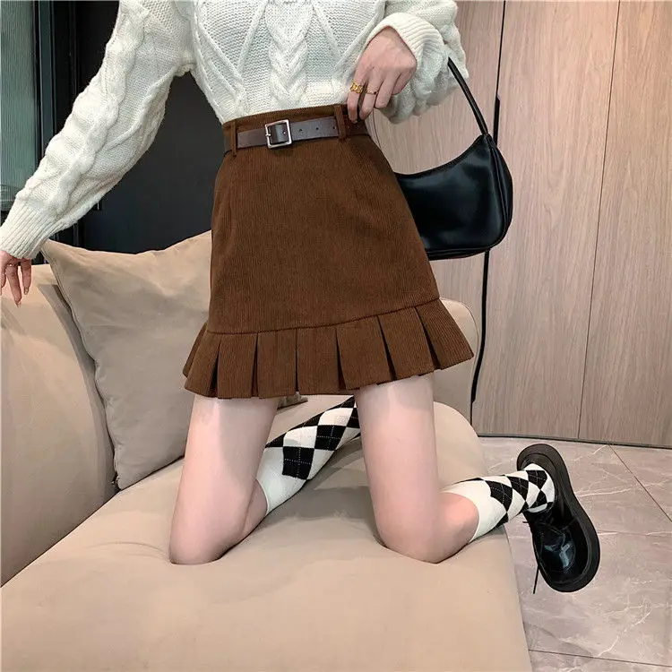 2026 New Women's Corduroy High Waist Slimming A-line Short Skirt Short Stature Autumn and Winter Paired with Sweater Half Skirt
