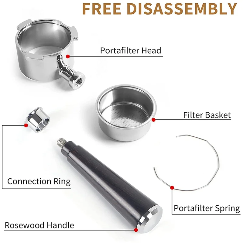 51mm Portafilter 3 Ears, Stainless Steel,51mm Bottomless Portafilter with Wood Handle and Filter Basket