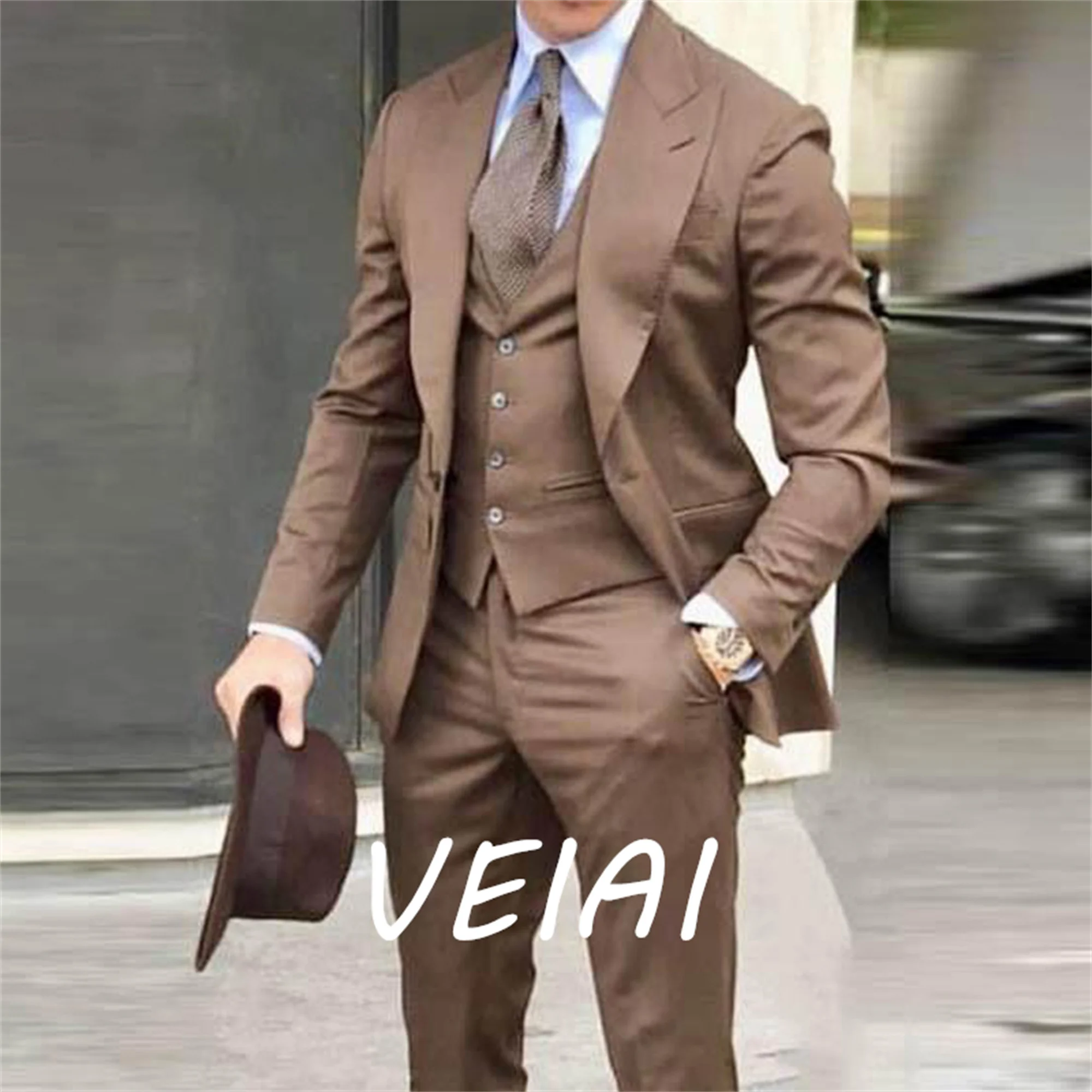 

Brown Casual Men Suits for Wedding Slim Fit Groom Tuxedo 3 Piece Jacket Vest with Pants Male Fashion Costume 2021 Latest Style