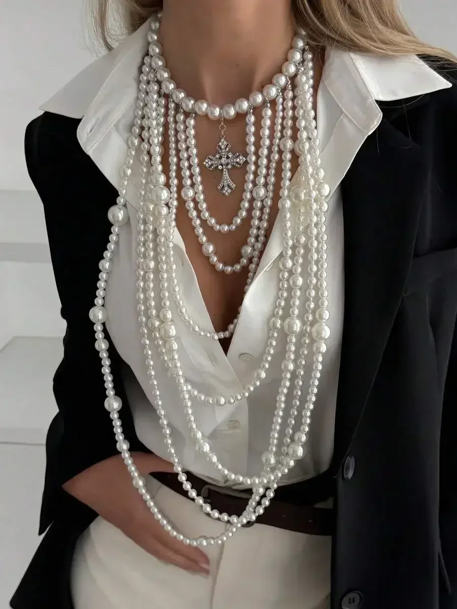 

Multi-Layer Faux Pearl Beaded Necklace With Rhinestone Cross Pendant Vintage Elegant Fashion Jewelry For Women