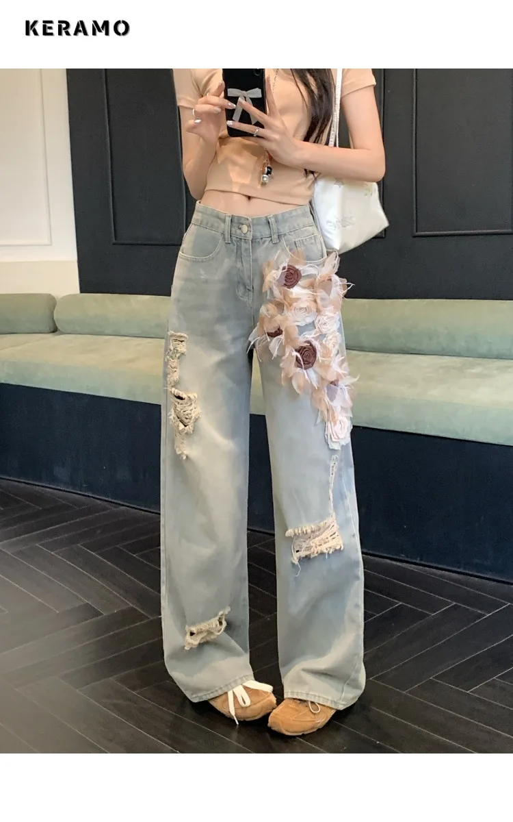 

Elegant Ripped Harajuku Loose Fit Distressed Jeans Vintage Emo Floral Decoration Pants Women's Y2K Damage Denim Trouser
