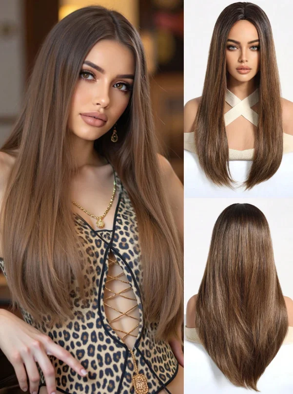 

Long Straight Blonde Brown Highlighted Synthetic Wig Natural Looking for Women Cosplay Party Heat Resistant Fake Hair
