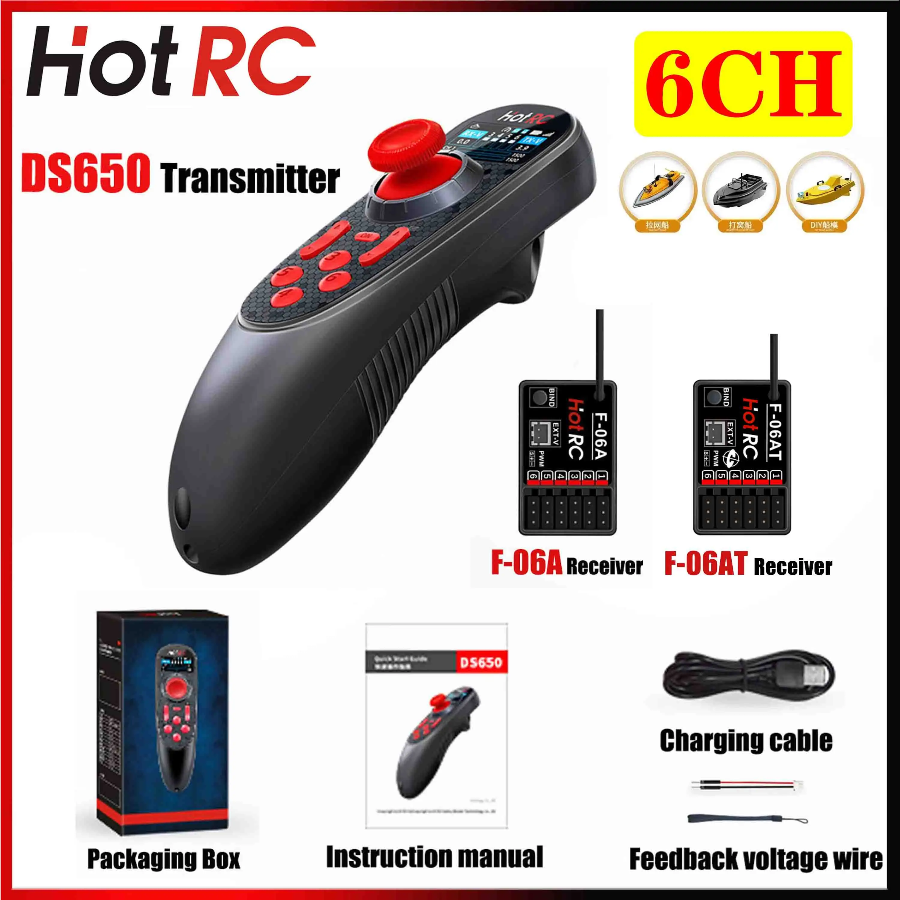 HOTRC DS-650 6CH 2.4G Radio System Transmitter Color Screen with F-06A/F-06AT Voltage Return Receiver for RC Boat DS600 Upgrade
