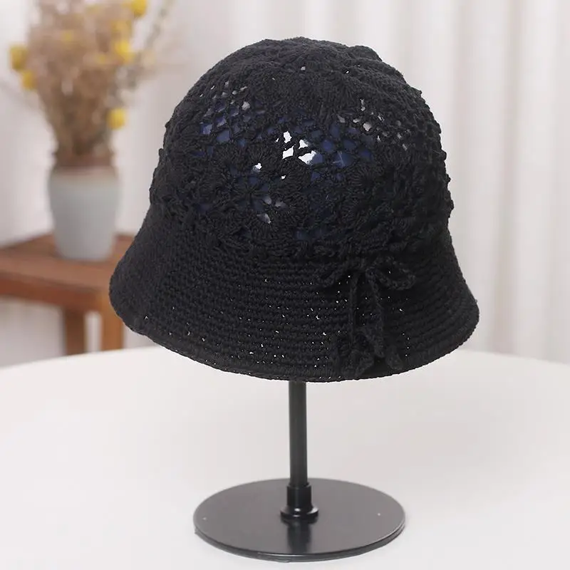 Handmade Braided Hat Women\'s Spring and Summer Japanese Bow Hollow Flower Bucket Hat Adjustable Knitted Woolen Cap