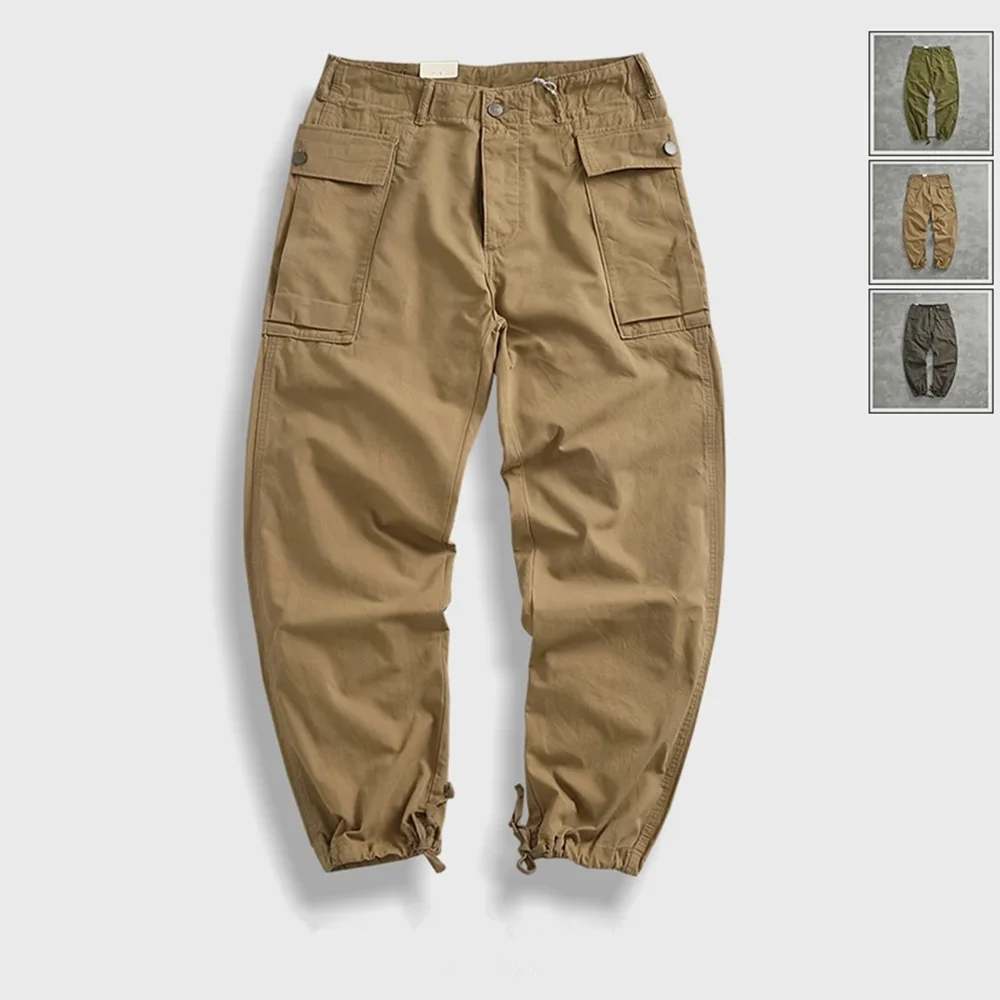 

Drawstring cargo pants men's military style casual pants loose straight leg wide pants