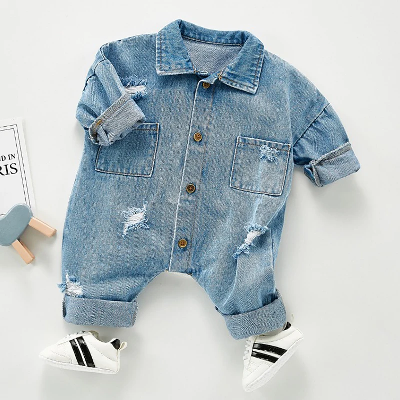 Spring Autumn Newborn Boys Girls Cowboy Broken Hole Jumpsuits Clothes Baby Boys Girls Long Sleeve Rompers Children Rompers