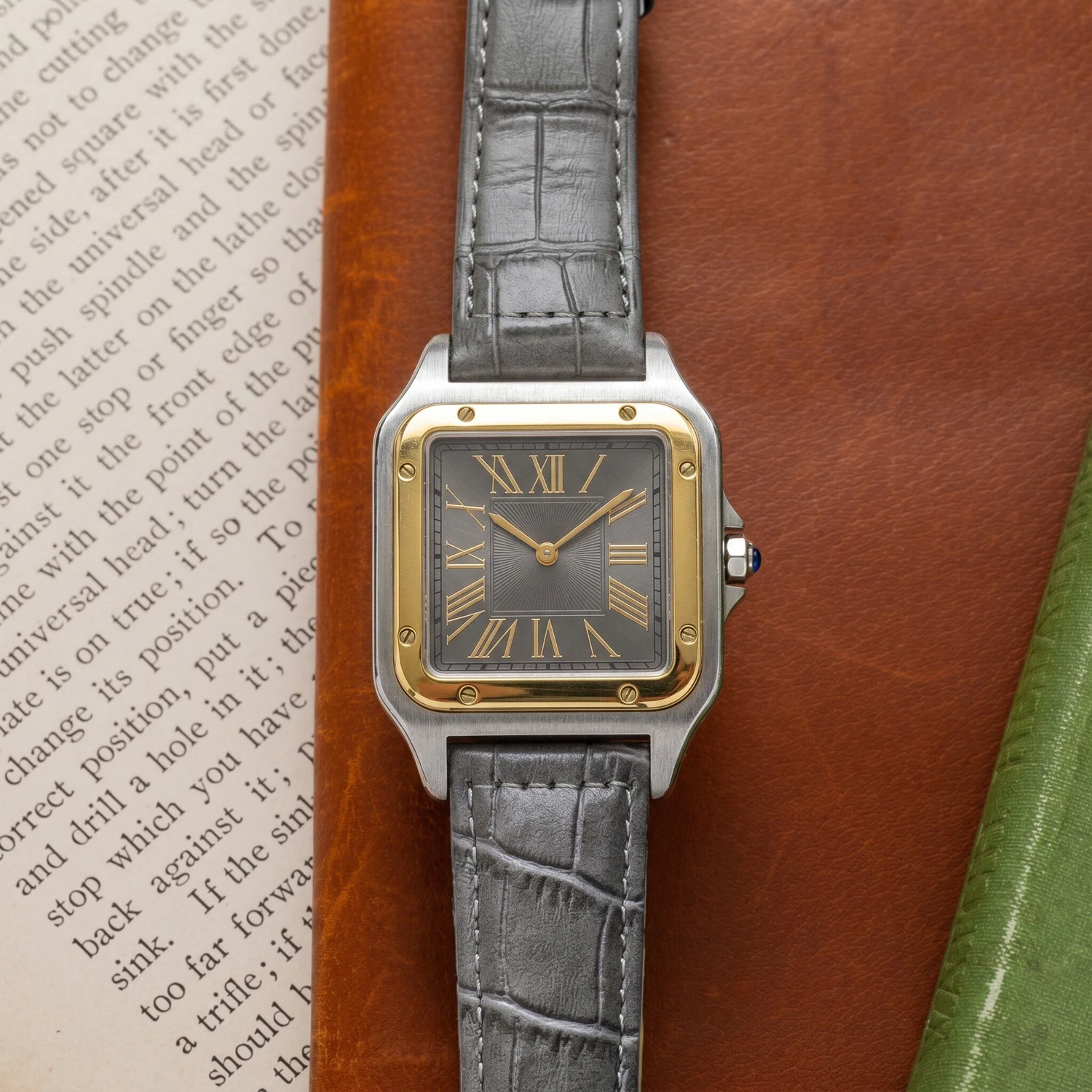 CILOA Luxury Square Roman Numeral Mens Wristwatch Two Tone Case Gray Leather Strap Elegant Daily Dress Quartz Watch