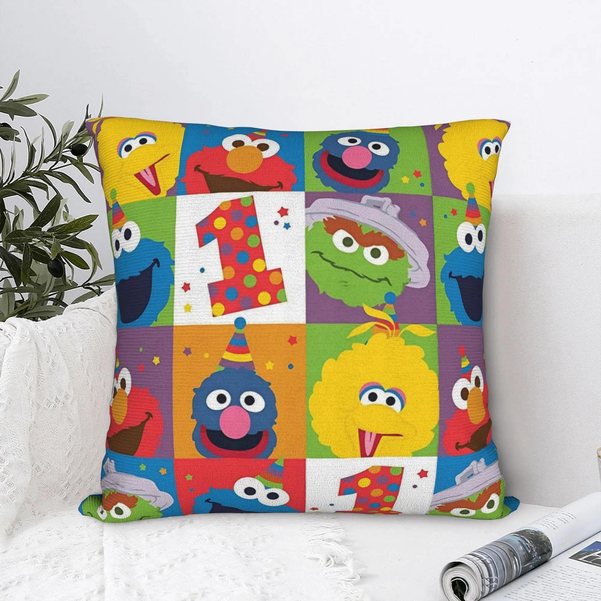 Sesames Streets  Cartoon Square Pillowcases Polyester Couch Happy Birthday Cushion Cover Funny Decor Throw Pillow Case 40*40