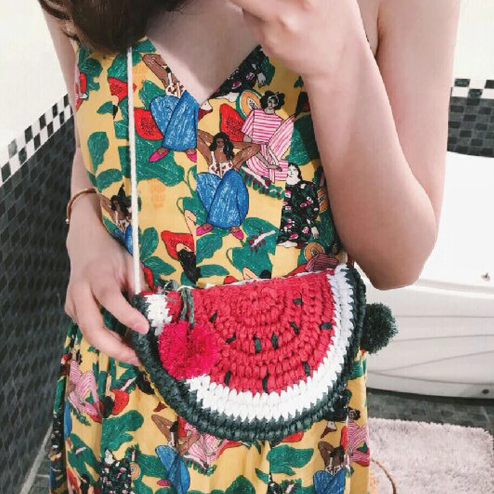 

Cute Watermelon Woven Shoulder Bag Mini Lemon Straw Bags for Women Handmade Two-sided Beach Bags Small Coins Lipstick Purses NEW