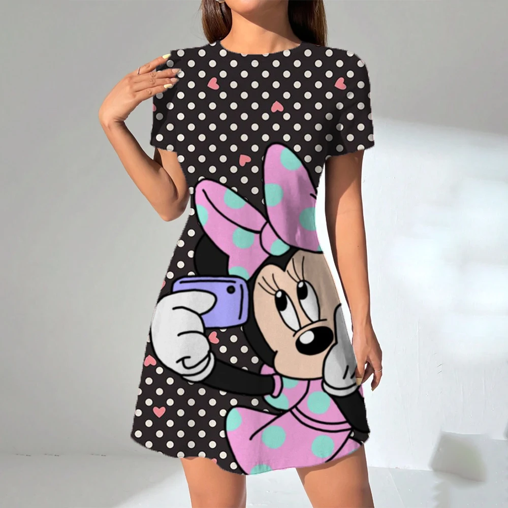 ผู้หญิงฤดูร้อนสบายๆ Disney Mickey Mouse พิมพ์หลวมคอกลมขนาดใหญ่แขนสั้นเสื้อยืดชุด