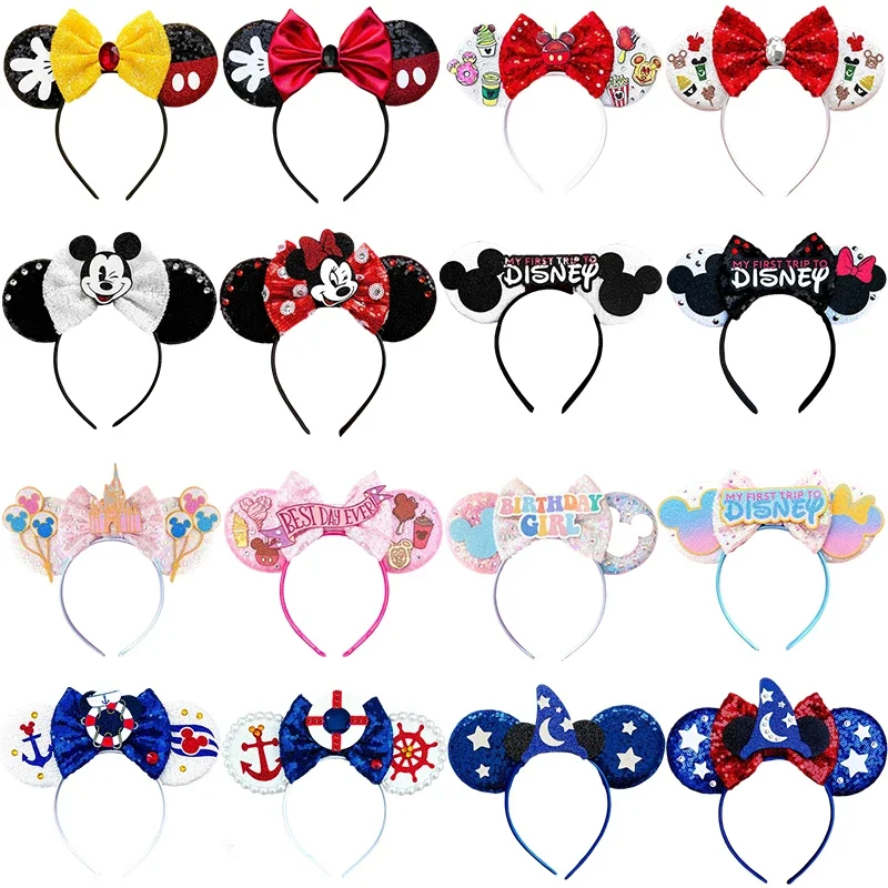 Disney Mickey Ears Headband Girl Disneyland Sequin Bow Hair Bands Kids DIY Minnie Mouse Hair Accessories For Women Birthday Gift