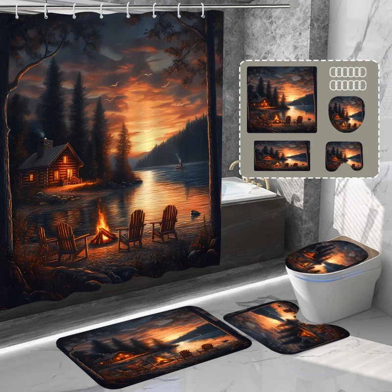 [1/4pcs ] 1/4pcs Forest Lake Bathroom Decor Set, Mountain Night Cabin & Chairs Print, Polyester Wa