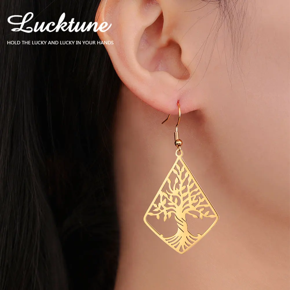 Lucktune Tree Of Life Drop Earrings for Women Hollow Teardrop Hexagram Earrings Stainless Steel Jewelry Anniversary Gifts New In