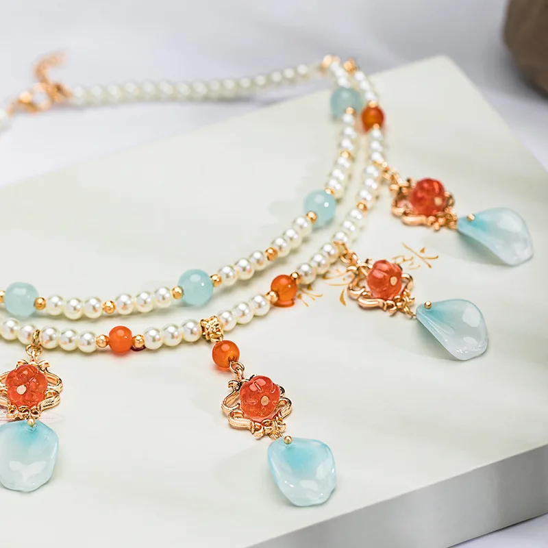 Vintage New Chinese Style Hanfu Double Layer Pearl Soft Yingluo Necklace Ming Style Han Element Accessory Collarbone Chain Chic