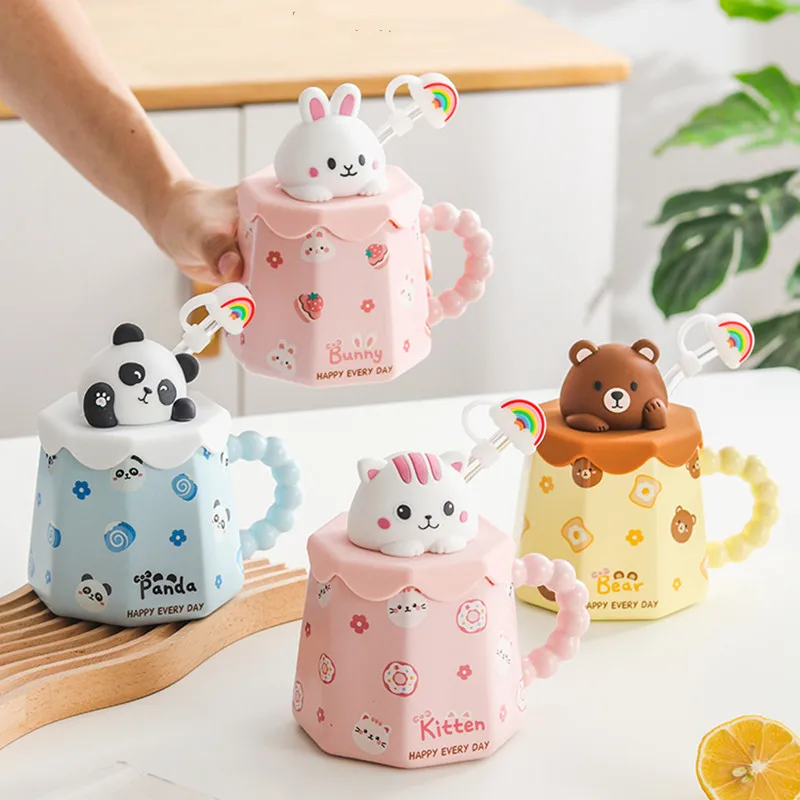 400ml Cartoon Ceramic Mug With Lid and Spoon Creative Cute Coffee Milk Tea Breakfast Cup Drinkware Novelty Gifts