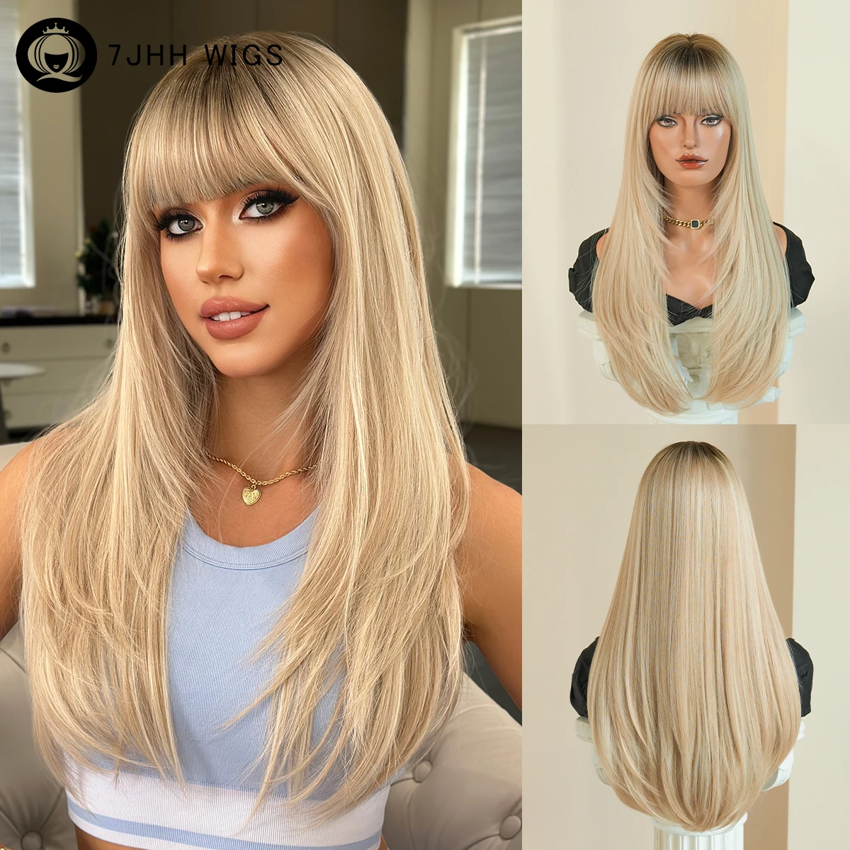 7JHH WIGS Lange, glatte, blonde Perücke für Damen, hochdichte, synthetische, geschichtete, modische Perücke zum sofortigen Tragen mit dunklen Ansätzen