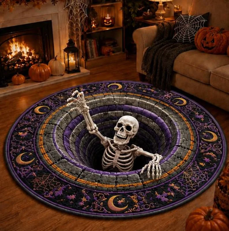 3D Skeleton Optical Illusion Round Rug Halloween Floor Mat Spooky Pumpkin Hole Carpet Scary Bottomless Pit Home Decor Halloween Party Rug