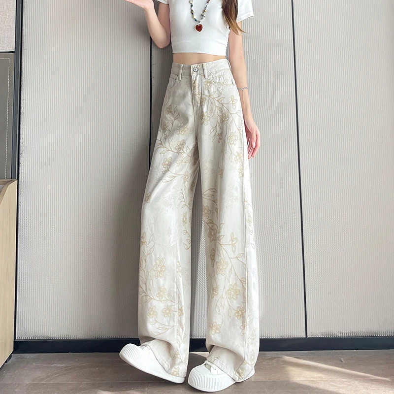 Floral Wide Leg Jeans Women High Waist Vintage Floral Branch Print Loose Straight Trousers Y2K Streetwear Holiday Vacation Wear