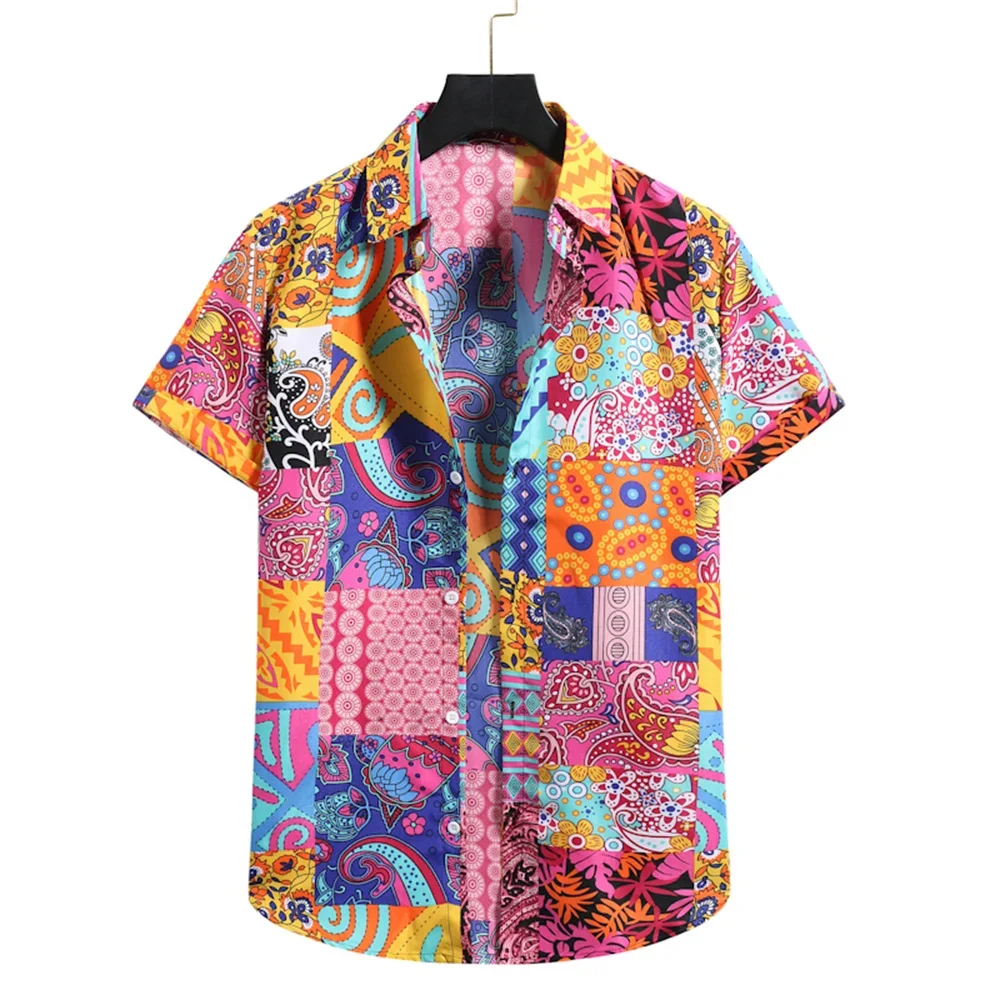 New Hawaiian Men\'s Summer Casual Flower Korean Retro Shirt Geometric Print Short Sleeve Button Top Loose Size Short Sleeve Shirt