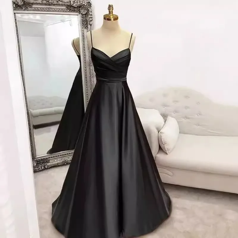 Abito da damigella d'onore in raso con scollo a V, spalline sottili, drappeggiato, linea ad A, lunghezza al pavimento, per serate formali, balli di fine anno, matrimoni e feste - Vestido De Festa
