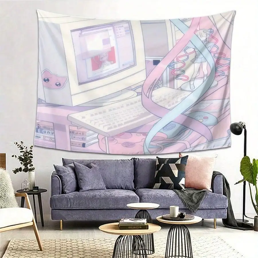 Vaporwave Tapestry - Retro Computer & Anime Girl Wall Hanging, Dreamy Aesthetic Art, Multiple Sizes