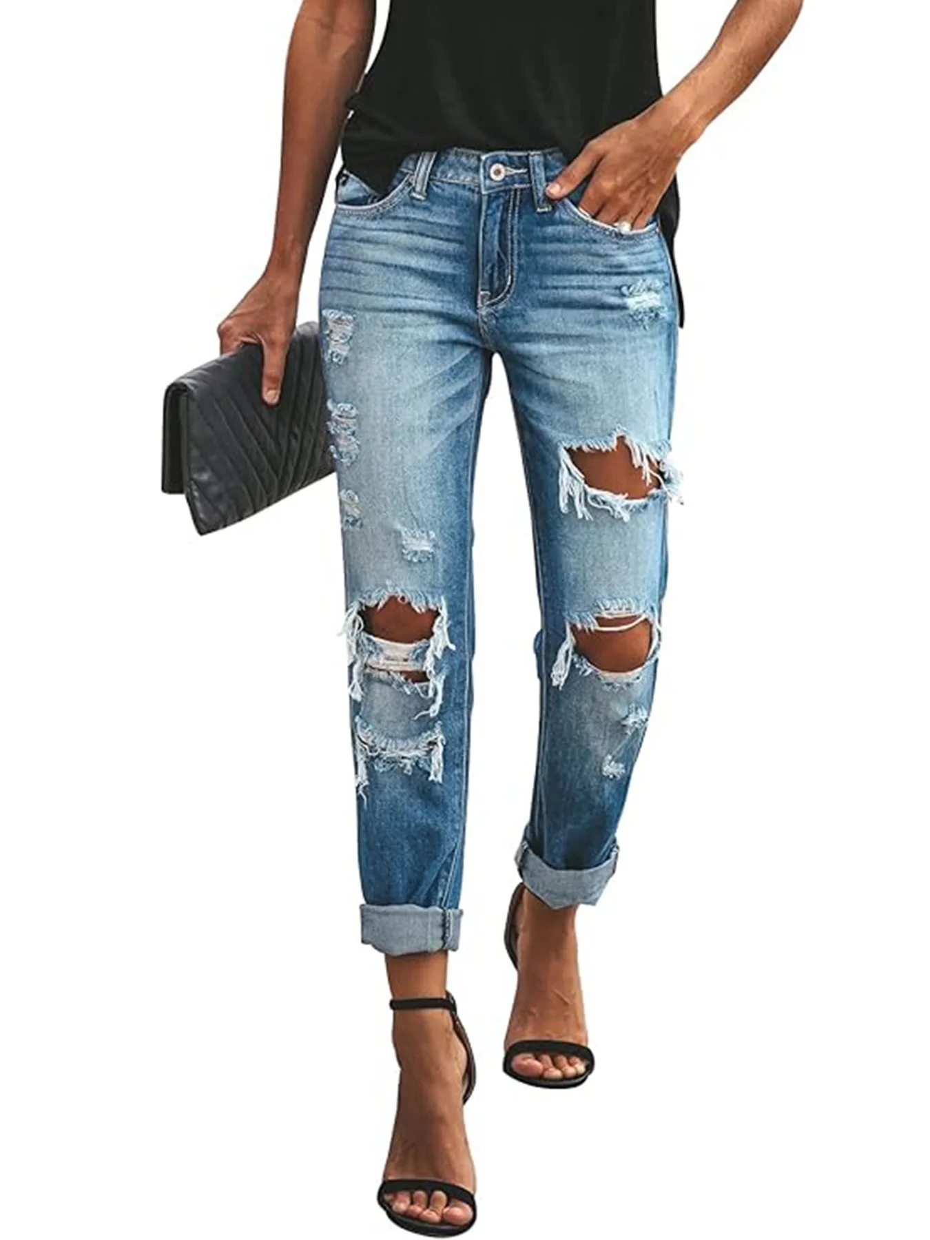 

Fashionable vintage jeans, mid-rise jeans for women, local warehouse clearance promotion, ripped style, classic style, slim fit,