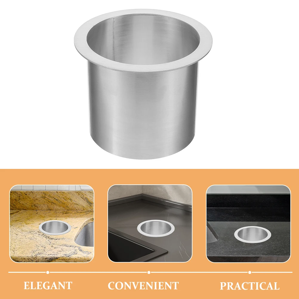 

Stainless Steel Garbage Can Round Countertop Trash Bin Cover Recessed Space-Saving 304 Silver Small Office Flap Trash