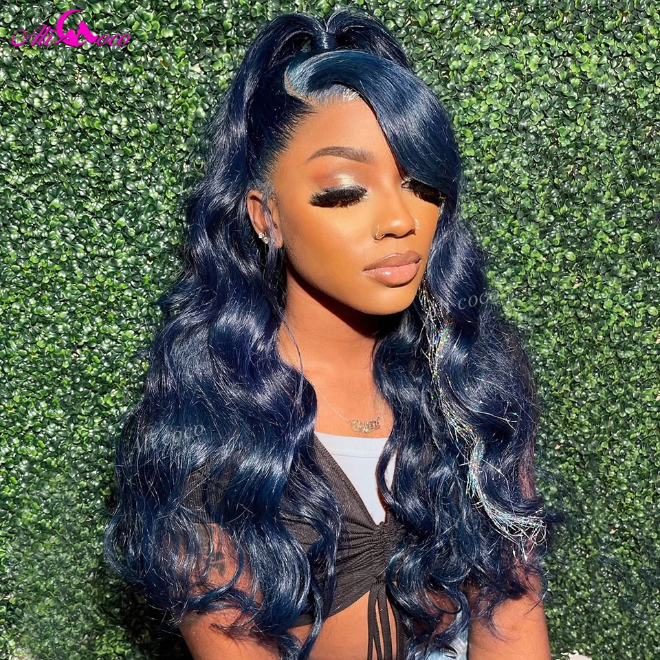 Pelucas delanteras de encaje transparente 13X6, cabello humano ondulado, color azul oscuro, peluca con cierre 5X5, prearrancada para mujeres, 180 de densidad