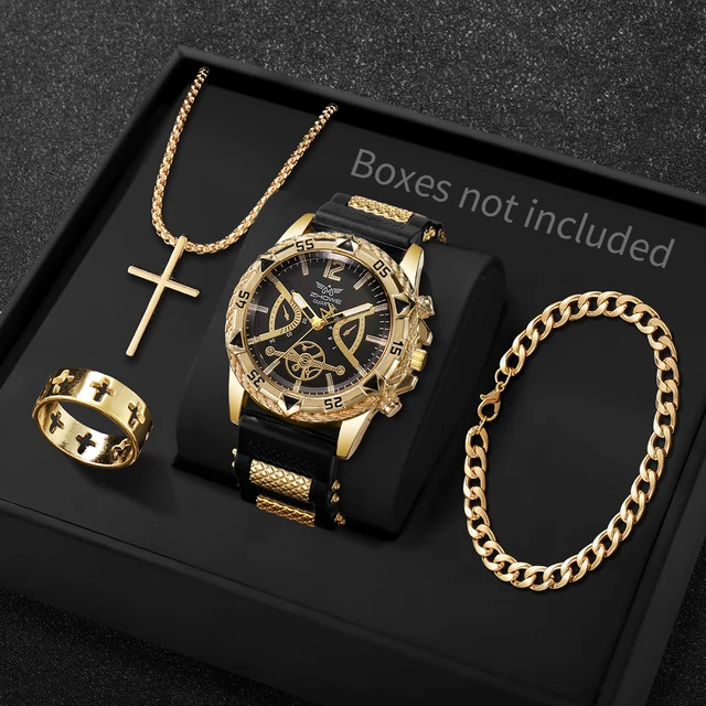 4PCS Fashion Arabic Dial Men Business Quartz Watch CasuSilicone Strap Wristwatch With Necklace Set Reloj Hombre (Without Box) 4PCS Fashion Arabic Dial Men Business Quartz Watch CasuSilicone Strap Wristwatch With Necklace Set Reloj Hombre (Without Box)
