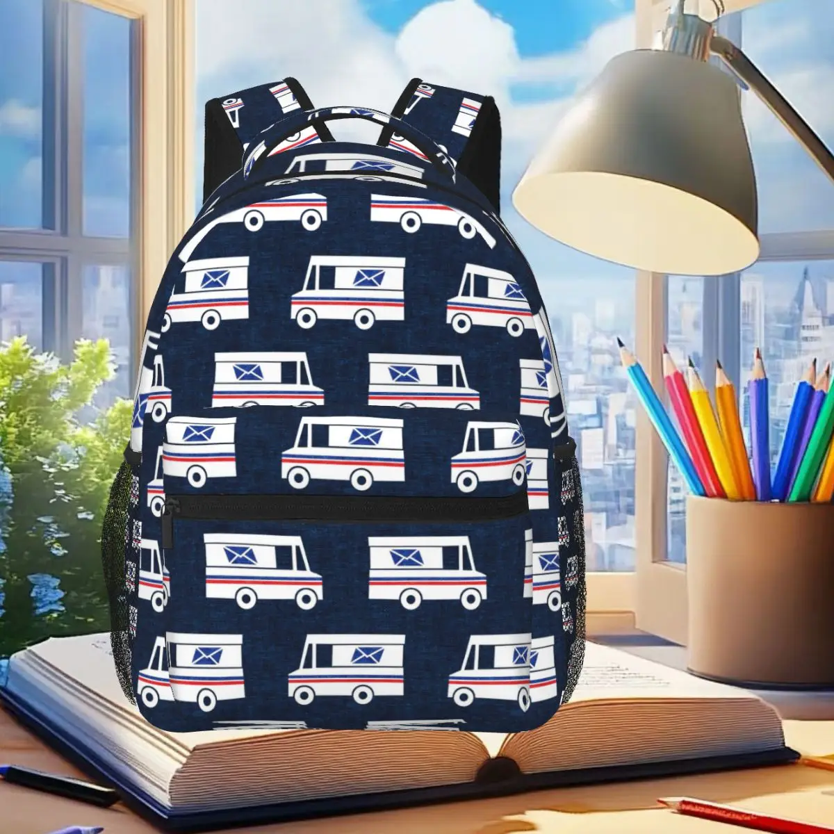 

Mail Trucks - Blue Student Backpack School Bag Hiking Travel Daypack for Men Women Fashion Bookbag Shoulder Bags