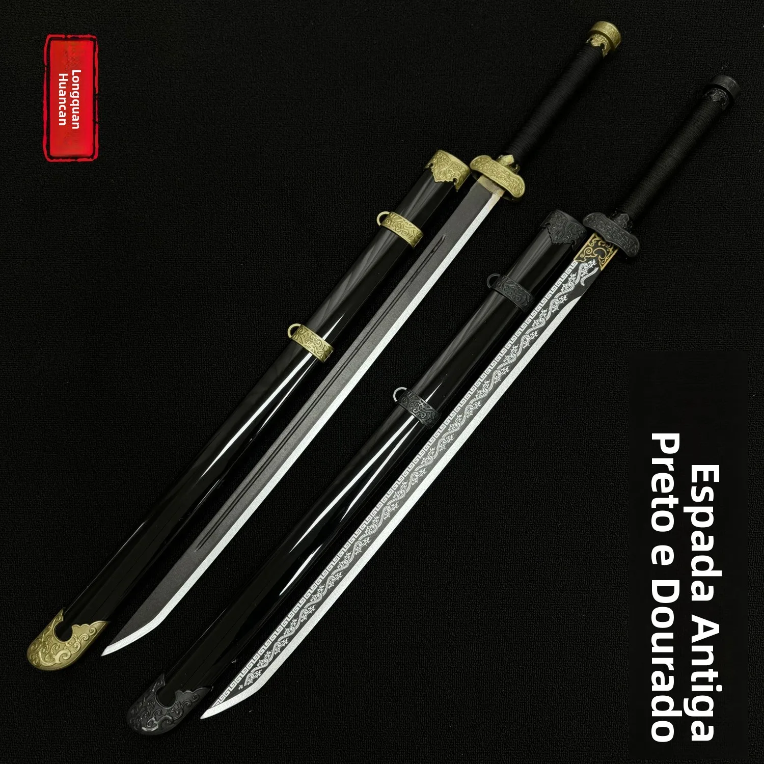 Espada Antiga Preta e Dourada Zhang Qilin, Adereços de Cosplay de Armas, Espada de Madeira, Espada Horizontal Tang, Faca de M...