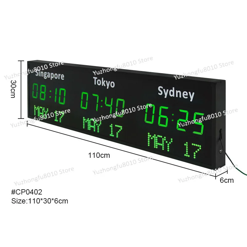 CP35 single-sided plant electric calendar LED display digital time zone wall clock, multi-time zone home hotel living room