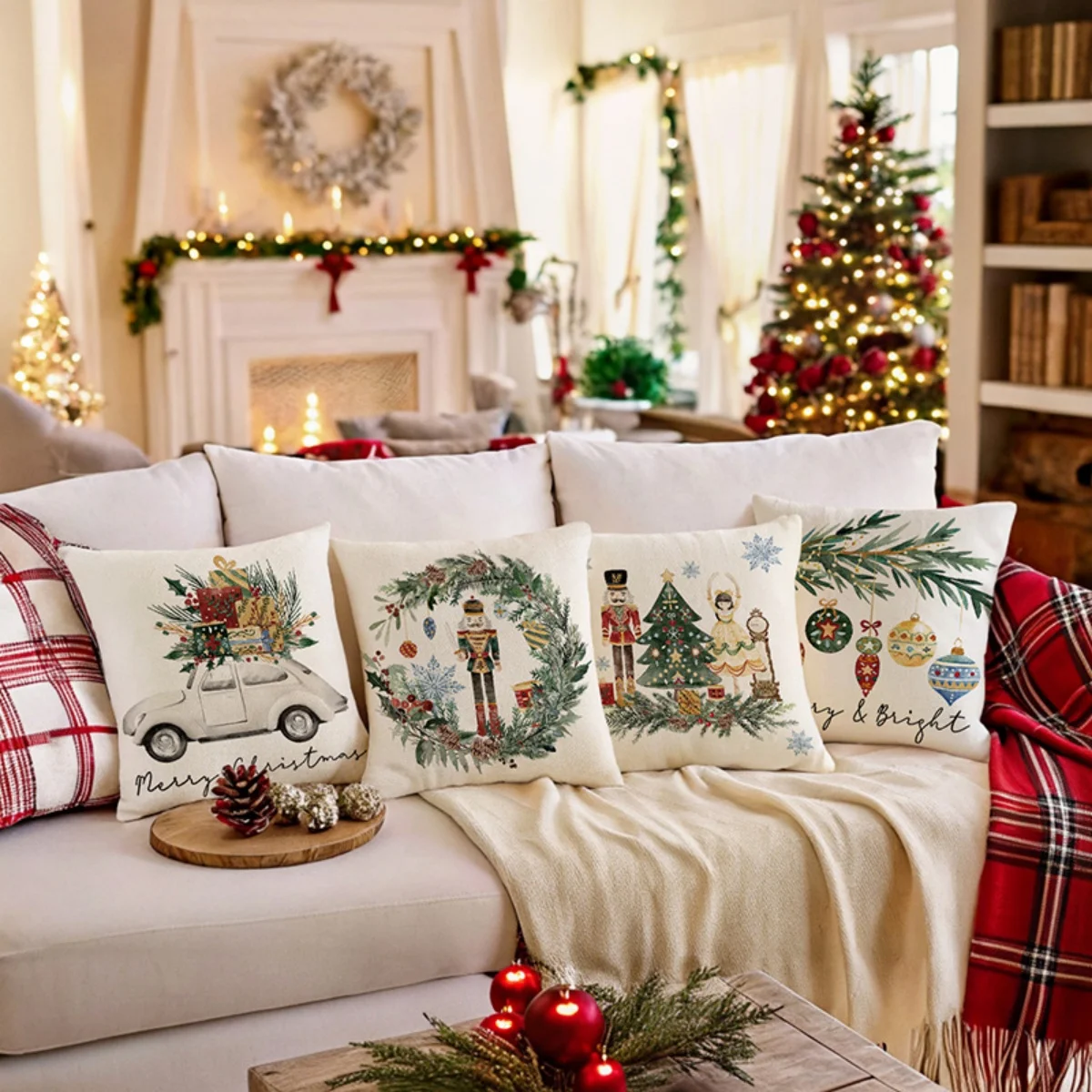 Watercolor White Car Nutcracker Christmas Print Pillow Covers Set of 4, Winter Holiday Cushion Cases for Sofa Home Decor