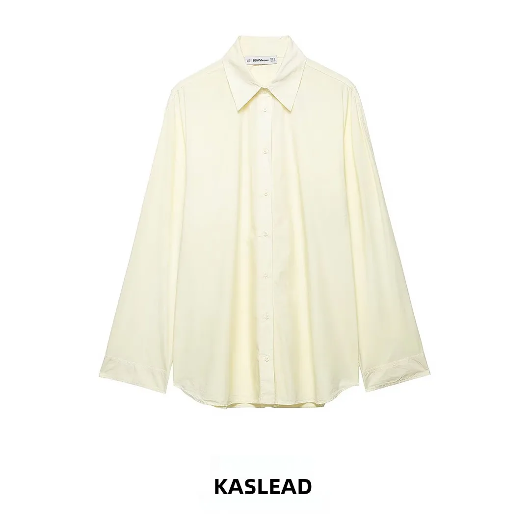 

KASLEAD Новая женская модная простая свободная шелковая рубашка с длинным рукавом, приятная для кожи, дышащая, из полиэфирного волокна, с отложным воротником