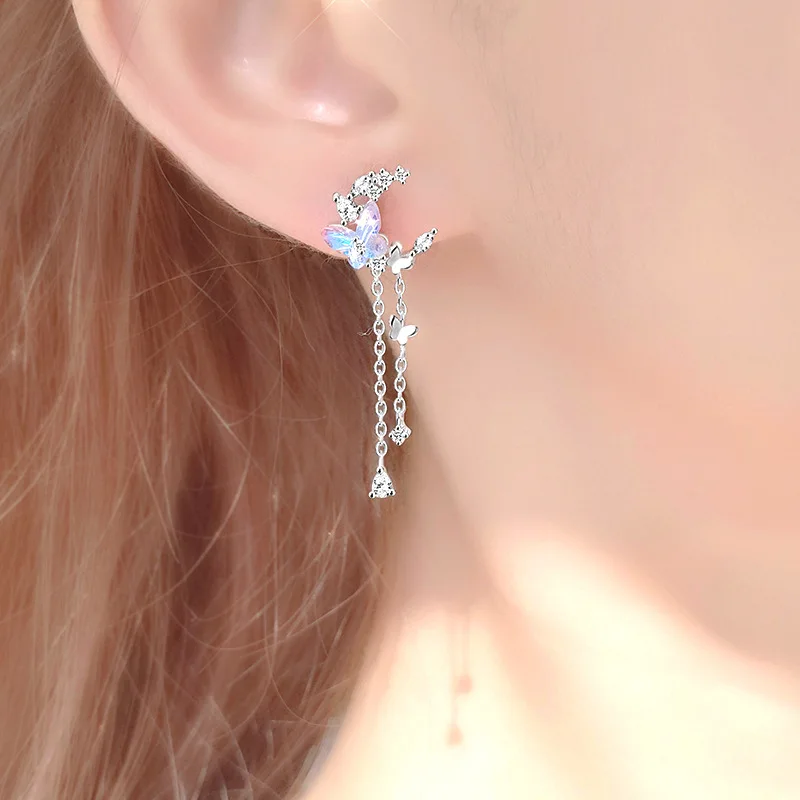 Cute 925 Sterling Silver Butterfly Moon Stone Crystal Drop Earrings For Women Girls Anniversary Party Fashion Jewelry Gifts