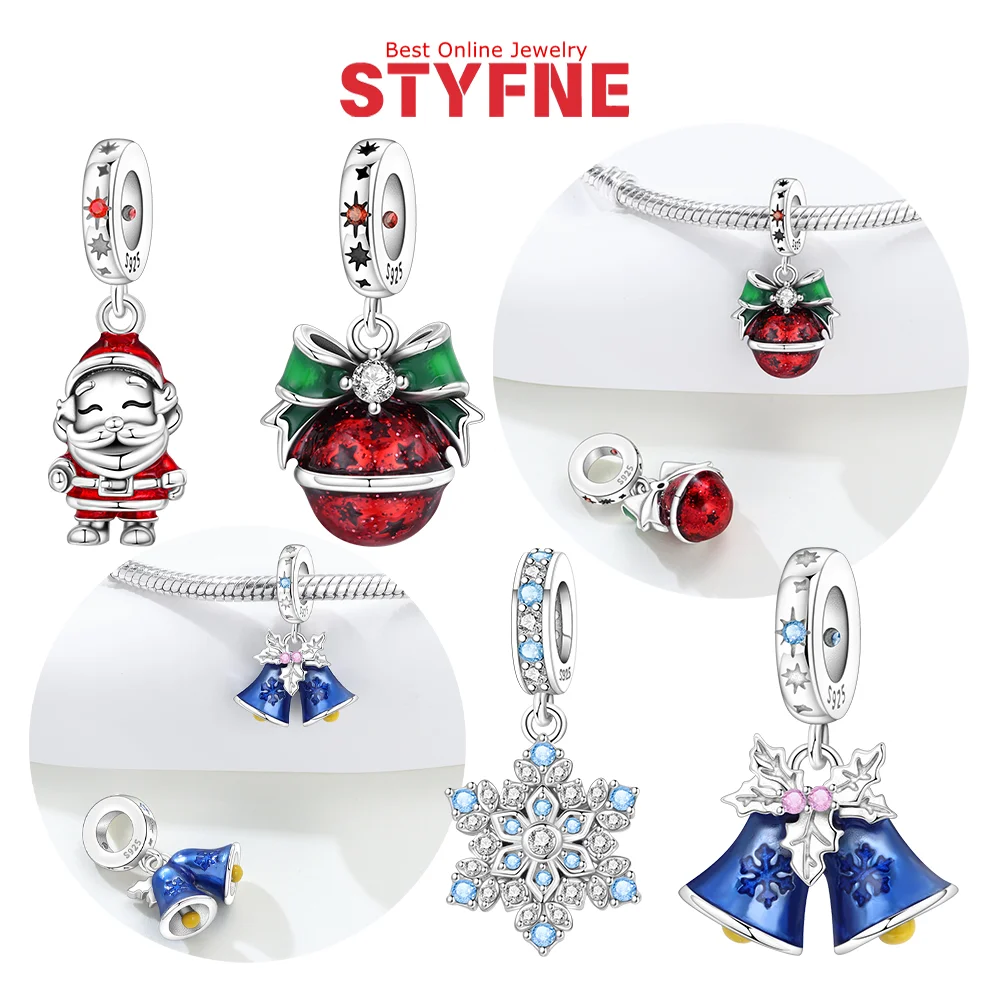 عيد الميلاد سحر S925 الفضة سانتا كلوز الأحمر جرس الساطع الأزرق الزركون ندفة الثلج الخرز صالح Diy الأصلي سوار مجوهرات هدايا